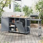 K&K 78.3  Outdoor Kitchen Island With Foldable Grill Table, Wooden Outdoor Grill Cart With Trash Can Storage & Stainless Steel Top, Outdoor Bar Cart, Pizza Oven Table For Lawn & Garden, Grey Blue