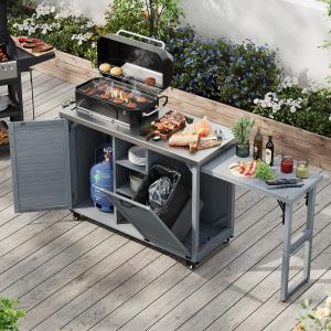K&K 78.3  Outdoor Kitchen Island With Foldable Grill Table, Wooden Outdoor Grill Cart With Trash Can Storage & Stainless Steel Top, Outdoor Bar Cart, Pizza Oven Table For Lawn & Garden, Grey Blue