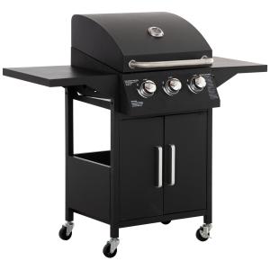 3 Burner Gas BBQ Grill Outdoor Portable Barbecue Trolley W/ Warming Rack, Side Shelves, Storage Cabinet, Thermometer, Carbon Steel, Black