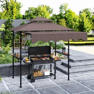 8' X 5' Outdoor Grill Gazebo, Barbecue Gazebo Shelter With Side Awning, 2 Side Shelves And 6 Hooks, Brown