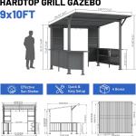 9X10FT Hardtop Grill Gazebo, Lean To Outdoor BBQ Gazebo With Storage Shelves And Expansion Platform, Galvanized Steel Permanent Hard Top Grill Canopy For Patio Backyard Lawn Garden -Grey