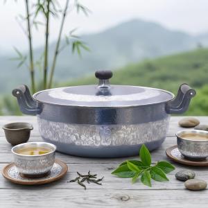 925 Sterling Silver Handcrafted Ornate Hammered Metal Cookware with Intricate Floral Silver Engravings and Matching Lid - Handicraft