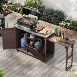K&K 78.3  Outdoor Kitchen Island With Foldable Grill Table, Wooden Outdoor Grill Cart With Trash Can Storage & Stainless Steel Top, Outdoor Bar Cart, Pizza Oven Table For Lawn & Garden, Dark Brown