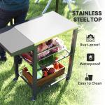 Three-Shelf Outdoor Grill Cart Table With Foldable Side Table, Stainless Steel Top Pizza Oven Stand With Hooks, Silver