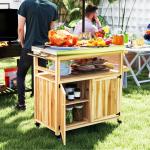 Outdoor Grill Cart W/ Stainless Steel Top, Solid Wood Outdoor Kitchen Island W/ Wheels, Storage Cabinets, Natural Wood