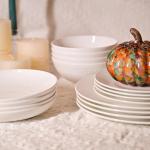 Dandilion Bone China Dinnerware Set, 16 Pieces, Service For 4, Plates, Dishes, Bowls Set, Microwave And Dishwasher Safe, Ivory White With Radial Lines