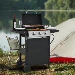 Propane Gas Three-burner Stainless Steel Grill With Double Shelves, Lid, Wheels And Bottle Opener
