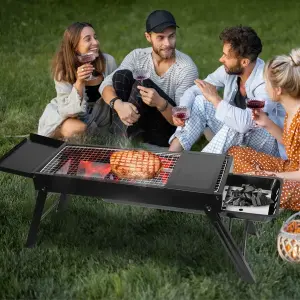 Foldable Charcoal BBQ Grill With Shelf Stainless Steel Grill Net Easy Setup Portable Tabletop Barbecue Grill For Camping Picnic Outdoor Party Backyard