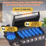 6 Burner BBQ Propane Gas Grill With Side Burner 72000 BTU Output Stainless Steel Barbecue Grill With Cast Iron Grates And Side Tables For Outdoor Cooking Kitchen And Patio Backyard.