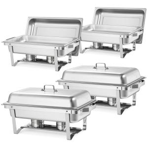 Rectangle Chafing Dish, 9 Qt 4 Pack Stainless Steel Chafing Dish, Food Warmer Chafer Complete Set With Hollow Handle, 2 Food Tongs, Lid, Fuel Holder, Chafer Dishes For Banquet Party Wedding