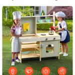 Mud Kitchen For Kids, Wooden Toy Play Kitchen Set, Outdoor Toddler Grocery Store Playset, Pretend Play Kitchen With Stoves, Tank, Faucet, Storage Bag, Metal Baskets, And Cookware Pots