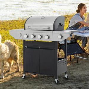 Propane Four-burner Stainless Steel Gas Grill With Side Burners, Suitable For Outdoor Patios And Gardens.