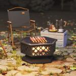 28" Outdoor Fire Pit with Grill Hexagon Fireplace Wood Burning Firepit with Cooking Grate, Fire Poker, Spark Screen Lid