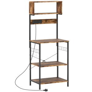 Bakers Rack With Power Outlet, USB Charger, Microwave Stand With Adjustable Shelves, 5 Hooks For Small Spaces, Kitchen Storage Unit For Spices, Pots And Pans, Rustic Brown