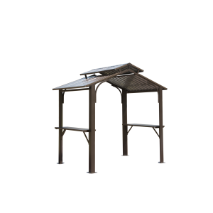 8x5FT Hardtop Grill Gazebo, Outdoor BBQ Gazebo W Galvanized Steel Double Roof, Permanent Sun Shade Grill Canopy Shelter With 2 Side Shelves And Ceiling Hook For Patio Deck Yard Garden  Brown