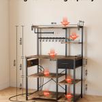 Kitchen Bakers Rack, 4.6ft Power Cable Bakers Rack With Power Outlet, Kitchen Stand With X-Shaped Support Bar, 8 S-Shaped Hooks, Coffee Bar Stand For Dishes, Spice Bottles, Built-In Power Strip