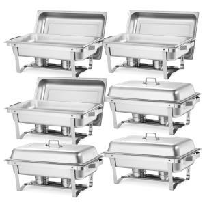 Rectangle Chafing Dish, 9 Qt 6 Pack Stainless Steel Chafing Dish, Food Warmer Chafer Complete Set With Hollow Handle, 3 Food Tongs, Lid, Fuel Holder, Chafer Dishes For Banquet Party Wedding