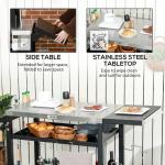 3-Shelf Outdoor Grill Cart Table With Foldable Side Table, Stainless Steel Pizza Oven Stand On Wheels, Black