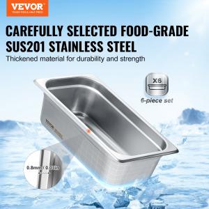 VEVOR 6 Pack Hotel Pans,  Anti-Jam Steam Pan, 0.8mm Thick Stainless Steel Restaurant Steam Table Pan, 4Inch Deep Commercial Table Pan, Catering Storage Food Pan, For Industrial & Scientific