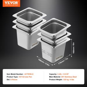 6 Pack Hotel Pans, Size Anti-Jam Steam Pan, 0.8mm Thick Stainless Steel Restaurant Steam Table Pan, 6-Inch Deep Commercial Table Pan, Catering Storage Food Pan, For Industrial & Scientific