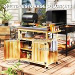 Outdoor Grill Cart W/ Stainless Steel Top, Solid Wood Outdoor Kitchen Island W/ Wheels, Storage Cabinets, Natural Wood