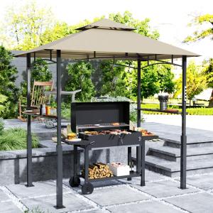 8' x 5' Outdoor Grill Gazebo, Barbecue Gazebo Shelter with LED Light, 2 Side Shelves, Hooks, Bottle Opener, Khaki
