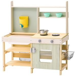 Mud Kitchen For Kids, Wooden Toy Play Kitchen Set, Outdoor Toddler Grocery Store Playset, Pretend Play Kitchen With Stoves, Tank, Faucet, Storage Bag, Metal Baskets, And Cookware Pots