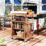 Outdoor Grill Cart with Stainless Steel Top, Solid Wood Outdoor Kitchen Island with Wheels, Drawer, Side Handle, Brown