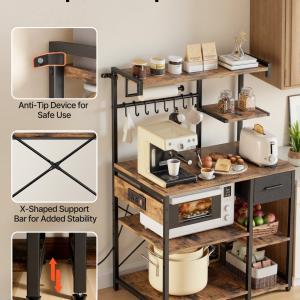 Kitchen Bakers Rack, 4.6ft Power Cable Bakers Rack With Power Outlet, Kitchen Stand With X-Shaped Support Bar, 8 S-Shaped Hooks, Coffee Bar Stand For Dishes, Spice Bottles, Built-In Power Strip