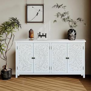 60 White Accent Cabinet With 4 Doors, Rustic Wood Sideboard Pantry Cabinet - Versatile Buffet Cabinet With Storage For Home Decor And Organization Chic Cabinet
