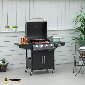 52" Barbecue Grill With Wheels 4+1 Burner Liquid Propane Gas Grill Outdoor Cabinet Style BBQ Trolley W/ Side Burner, Warming Rack