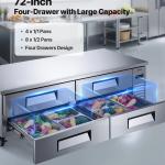 Chef Base Refrigerator, 72" W Commercial Chef Bases Worktop Refrigerators, 4-Drawer Under Counter Fridge With 12 Pans Stainless Steel, Heavy-Duty Refrigerated Base, Invisible Door Handle