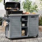 K&K 78.3  Outdoor Kitchen Island With Foldable Grill Table, Wooden Outdoor Grill Cart With Trash Can Storage & Stainless Steel Top, Outdoor Bar Cart, Pizza Oven Table For Lawn & Garden, Grey Blue