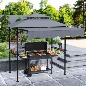8' x 5' Outdoor Grill Gazebo, Barbecue Gazebo Shelter with Side Awning, 2 Side Shelves and 6 Hooks, Dark Gray