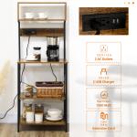 Kitchen Bakers Rack With Power Outlet, USB Charger, Microwave Stand, Coffee Bar With Adjustable Shelves, 5 Hooks For Spices, Pots And Pans, Rustic Brown